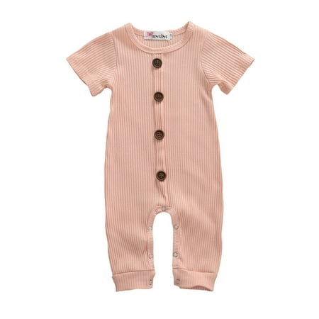 

New Baby Boys Girls Romper Short Sleeve Knitted Striped Round Neck Button Closure Patchwork Jumpsuit