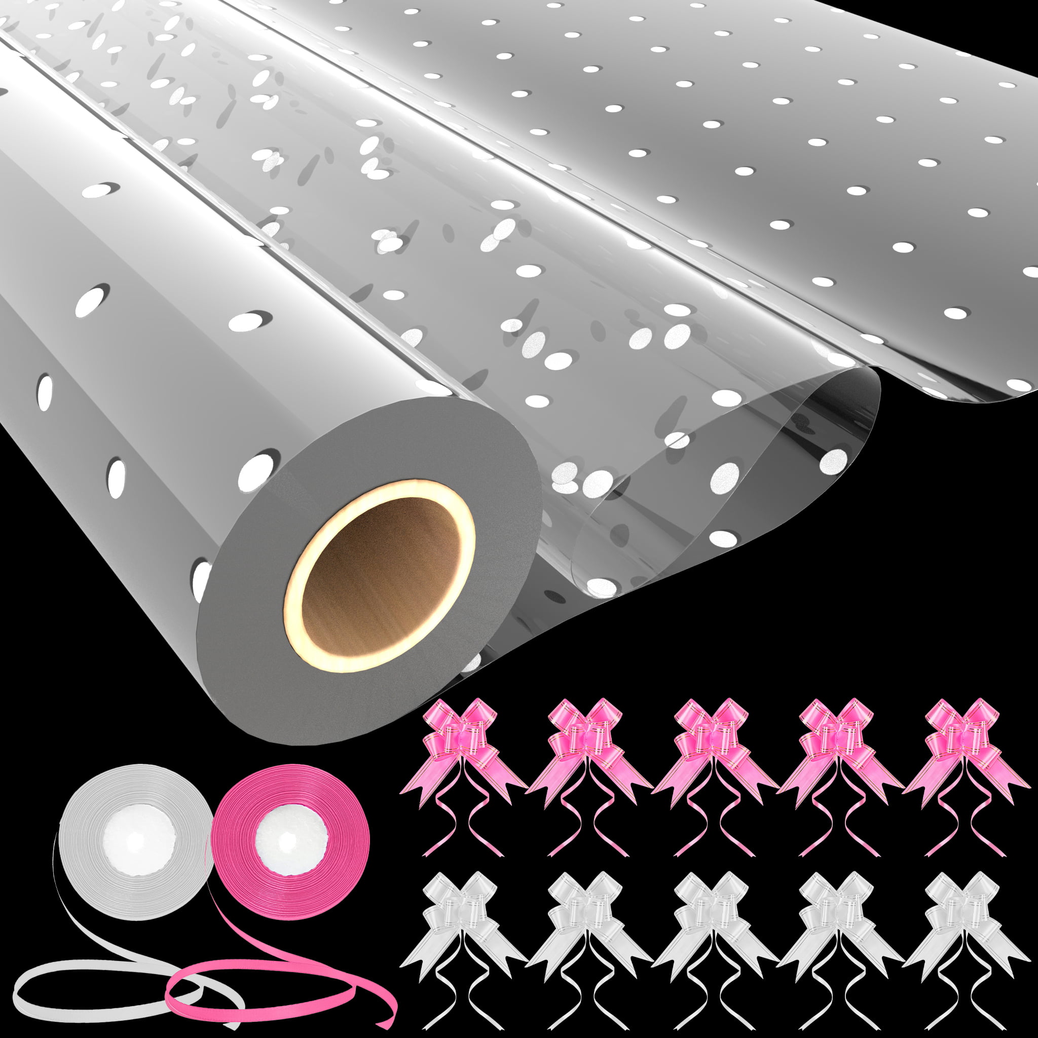 Clear cellophane wrap for hampers 80cm x 1 metre with a medium pink pull bow 