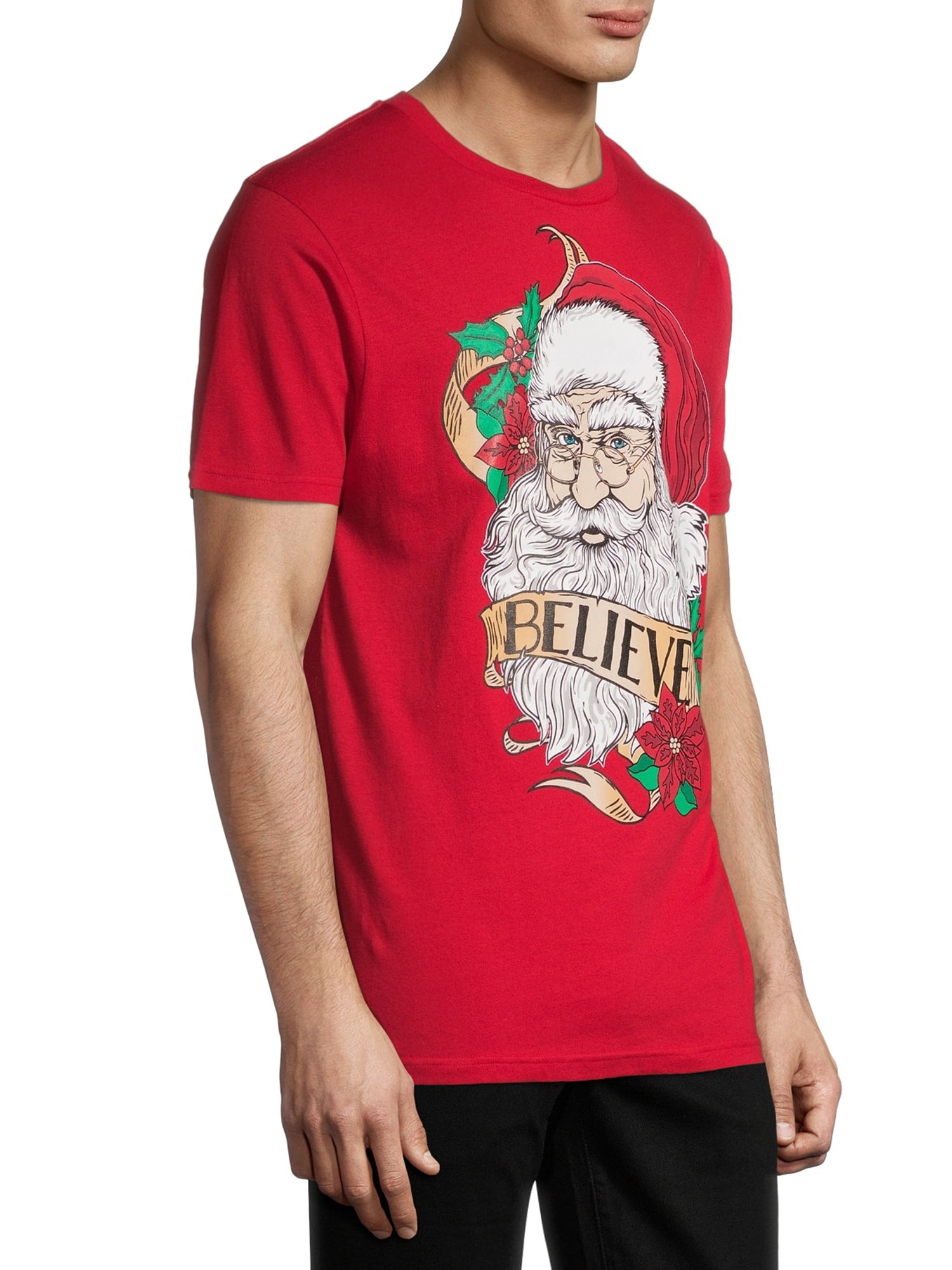 Holiday Time Men's Short Sleeve "Santa Face Believe" Christmas Tee