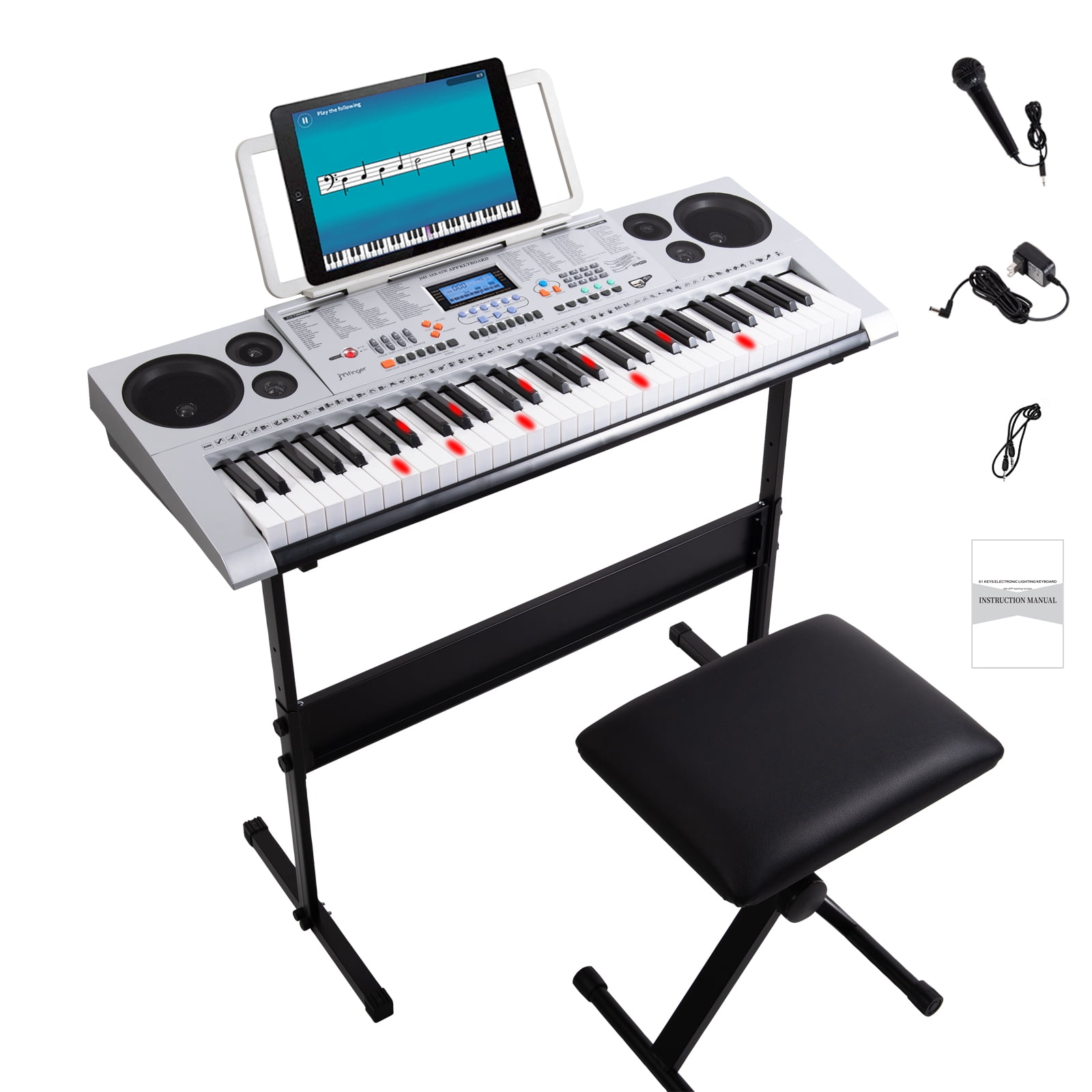 Light Up Music Keyboard Built-in Dual Speakers with H Stand Microphone Portable Piano Keyboard for Beginners 61 Key Electric Keyboard Piano Bench LED Display H Stand Music Stand 