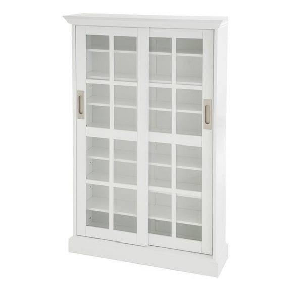 Maklaine Sliding-Door Wood Glass Window-Pane Media Cabinet in White