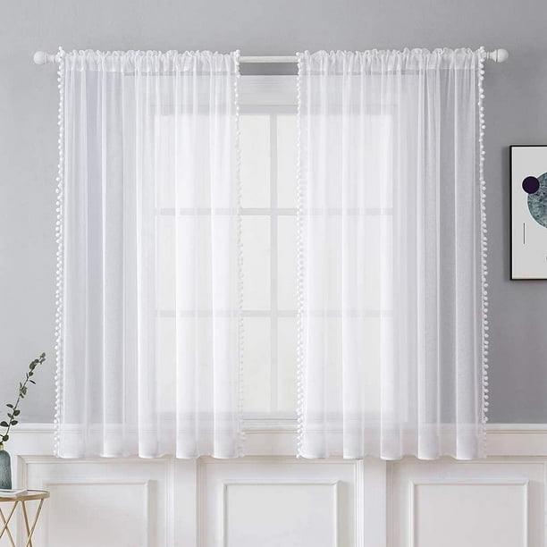 Meaddhome White Gauze Screening Curtains Tulle D Sheer Ball Pompom Voile Valance For Living Room Furniture Cover Home Decor Rod Pocket Top Com Meaddhome White Gauze Screening, Rod Pocket Top Curtains