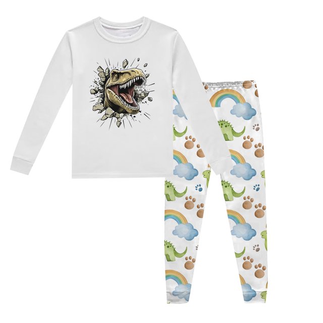 Pyjama Bebe Garcon Children's Dinosaur Printed Crew Neck Long Sleeve Top Pants 2 Piece Spring Fall Pajama Set Pajamas for Kids Light Gray 5 Years-6 Years