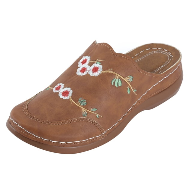 XIAQUJ Pantoufles Brodées à Bout Bao pour Femmes Grande Taille Bout Rond à Bout Bao Compensées à Porter à l'Extérieur Demi-Mules Antidérapantes Sandales pour Femmes 2024 Brun 7