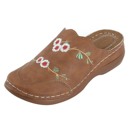 

aDJFDGT Leather Sandals Women Dressy Summer Embroidered Bao Toe Slippers Women s Large Size Round Toe Bao Toe Wedge Outer Wear Slip Mules