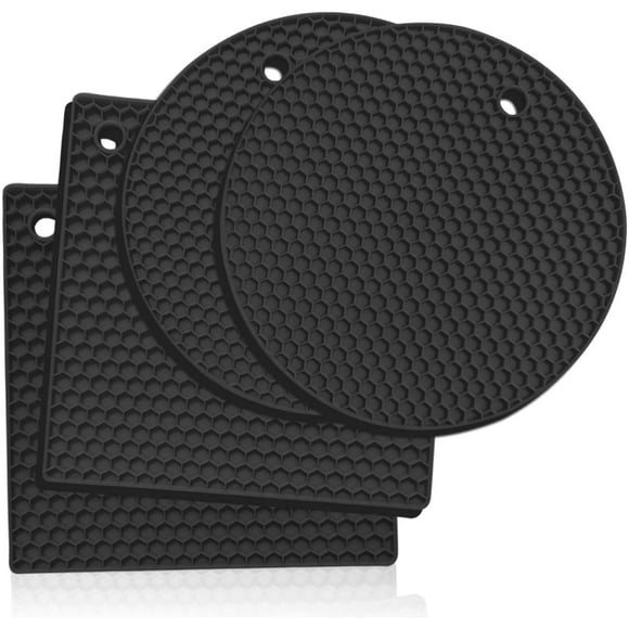 Tatum88 Set of 4 Round and Square Silicone Trivets, Silicone Trivet Mat, Heating Pad - Can Opener, Tongs, Garlic Peeler, Drying Mat, Coaster (Black)