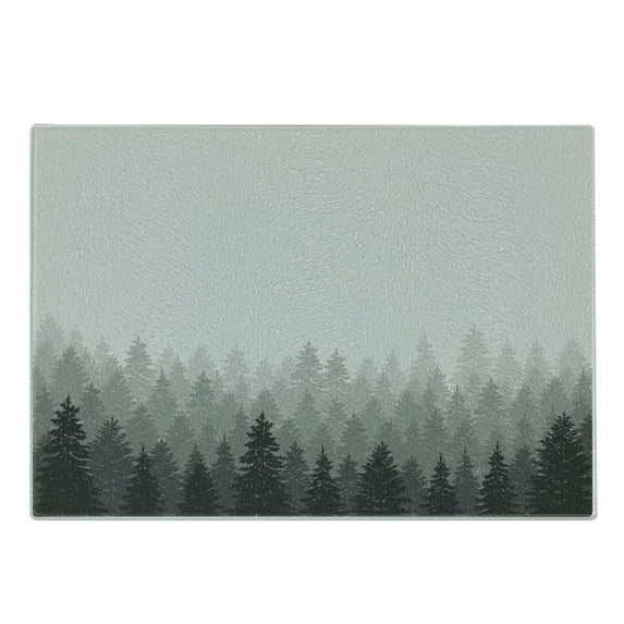 Forest Cutting Board, Wilderness Pattern with Many Trees Nature Panorama Monochrome Woods, Decorative Tempered Glass Cutting and Serving Board, Small Size, Pale Grey Dark Grey, by Ambesonne