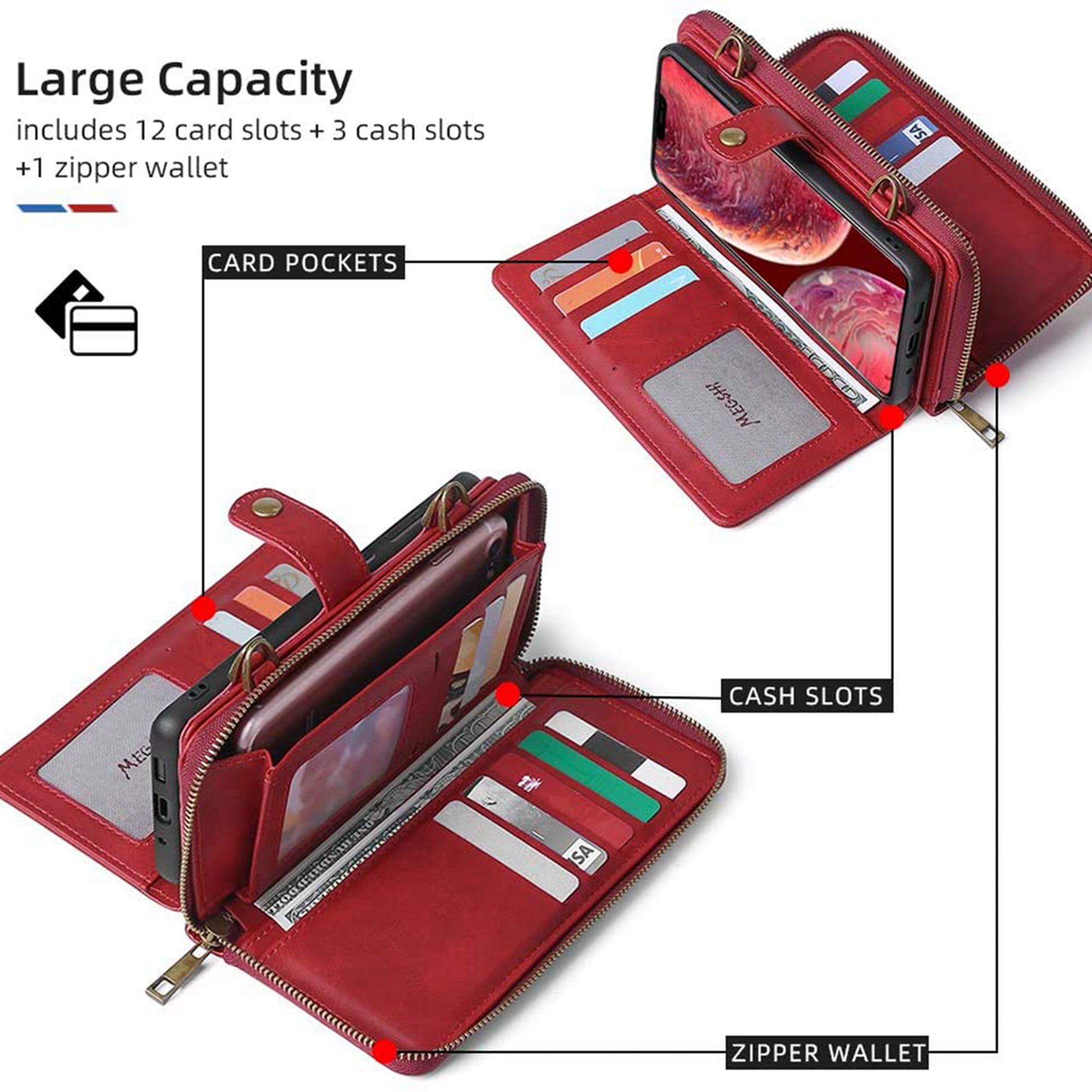 Dteck Wallet Case for iPhone 12 Pro / iPhone 12 6.1-inch, 2 in 1 Magnetic Detachable Wallet Purse [Crossbody Chain] Durable PU Leather Zipper Handbag Folio Flip Card Slot Protection Back Cover, Red