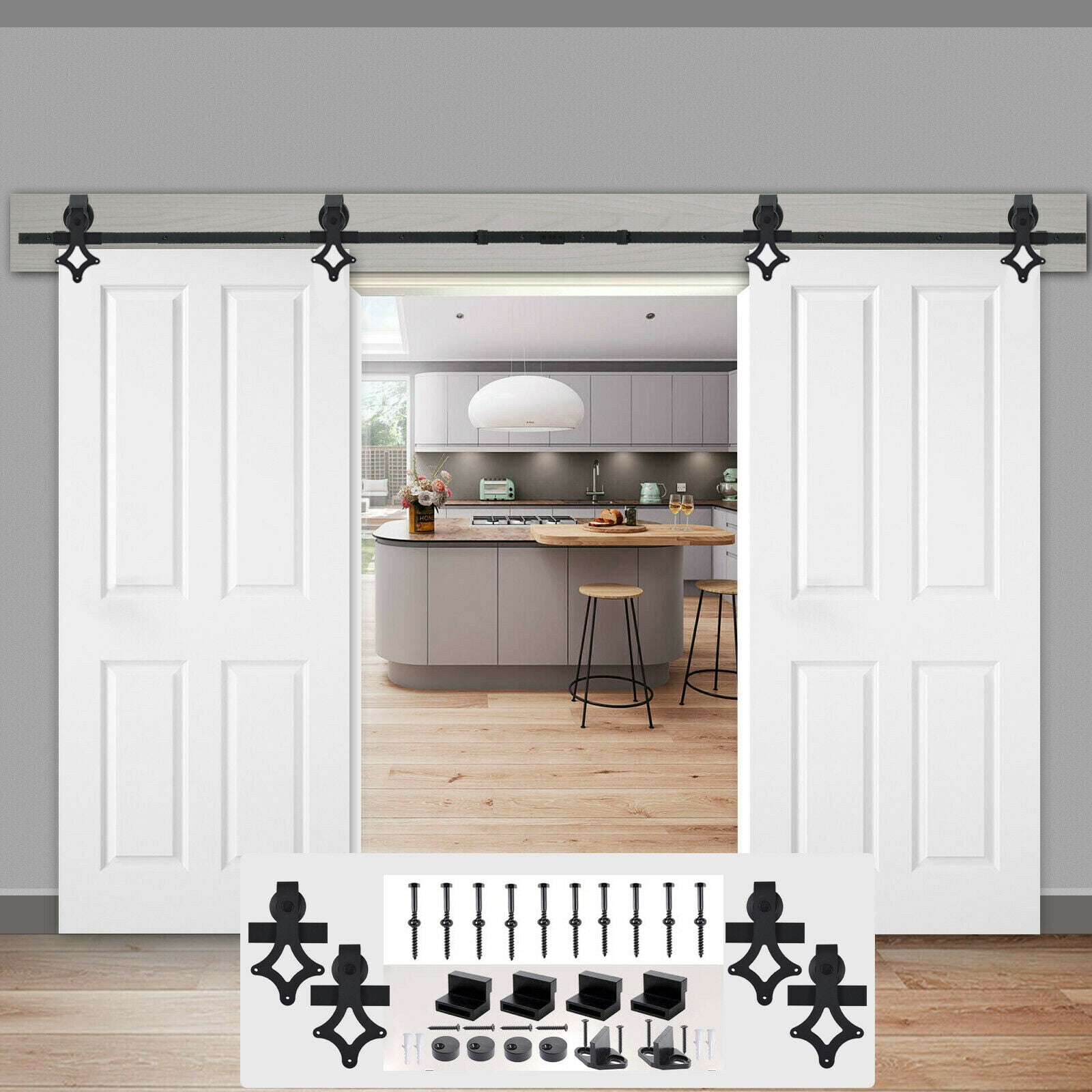 12FT Antique Wood Sliding Double Barn Door Track Hardware Set Kitchen