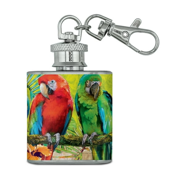 Colorful Tropical Rainforest Parrots Stainless Steel 1oz Mini Flask Key Chain