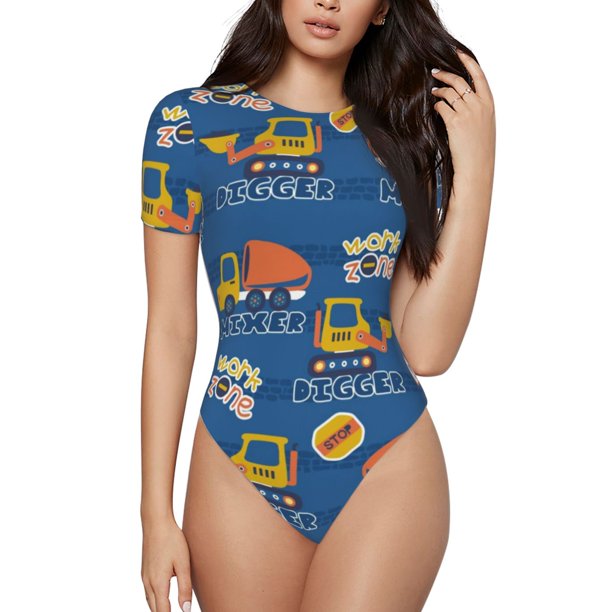 Fotbe Construction Vehicles Body de Mujer con Cuello Redondo y Mangas Cortas, Sin Mangas Ajustado, Suave, Cómodo y Básico-Small