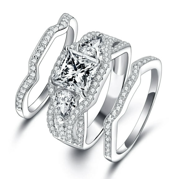 GEMSME Three-In-One Square Wedding Engagement Ring,18K White Gold Plated Cubic Zirconia Promise Eternity Ring Set for Women Men Jewelry