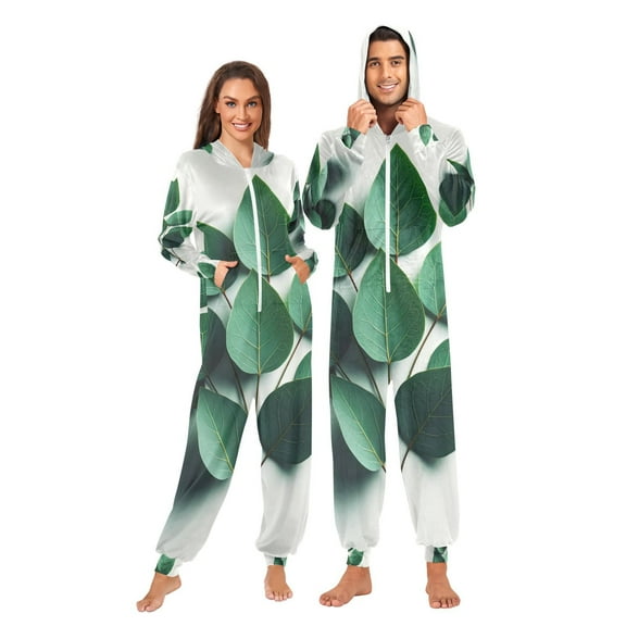 Eucalyptus Leaves Adult Onesie Pajamas Slim Fit Christmas One Piece Suit Pjs for Women and Men Hooded Zipper