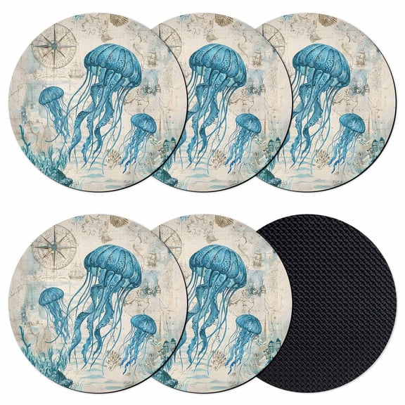 Teal Jellyfish Coastal Coasters Set of 6, Absorbent Coasters for Drinks, Vintage Summer Beach Nautical Coaster for Desk Coffee Table Protection, Home Decor House Warming Gifts 4"