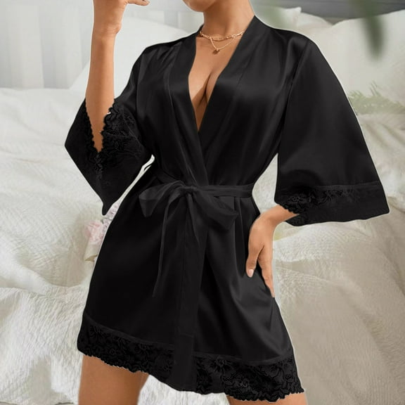 TEVEQ Women's Silk Robe Short Lace Trim Satin Kimono 3/4 Sleeve Bride Comfy Sleepwear Women's Short Robe Silky Satin Bathrobe Bride Bridesmaids Getting Ready Sleepwear Soft Nightgown Black L