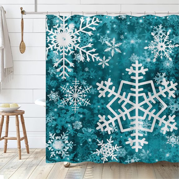 Merry Christmas Snowflake Shower Curtain Set, Happy Holiday Winter Black White Bathroom Decorative Winter Waterproof Fabric 72x72 Inch with 12 Hooks