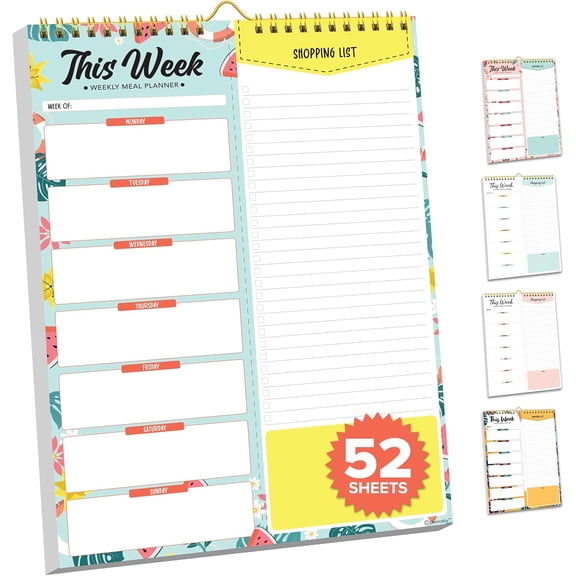 52 Sheets Watermelon Undated Weekly Meal Planner 2025 and Grocery List with Strong Magnets, 7x10in Spring-Bound Magnetic Weekly Dinner Planner for Fridge