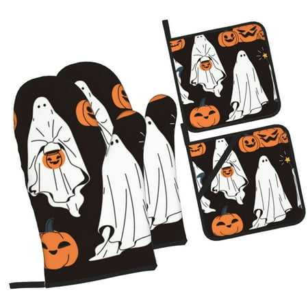 

Pofeuu Halloween Ghosts And Pumpkins Print Oven Mitts and Pot Holders 4 pcs Set High Heat Resistant 500 Degree Extra Thicken Long Kitchen Cotton Oven Glove for Cooking