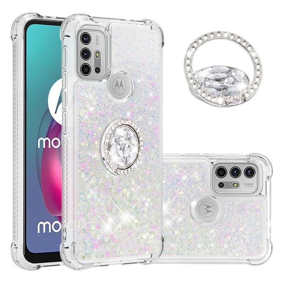 Funda para Motorola Moto G30/G10 con Brillo Líquido Flotante, Purpurina, Parachoques y Anillo Giratorio Soporte