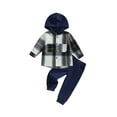 thumbnail image 1 of Faithtur Kid Boy Autumn Clothes Set, Plaid Print Long Sleeve Button Hood Shirt + Solid Color Trousers, 1 of 8