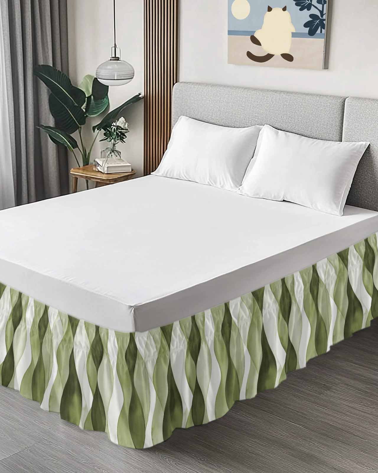 Sage Green Stripes Wrap Around Bed Skirts for King Bed 18" Drop,Bed Skirt with Adjustable Elastic Belt Dust Ruffle Bed Valance for Bedroom Hotel Luxury Retro Farmhouse Abstract Ripple Bed Frame Cover