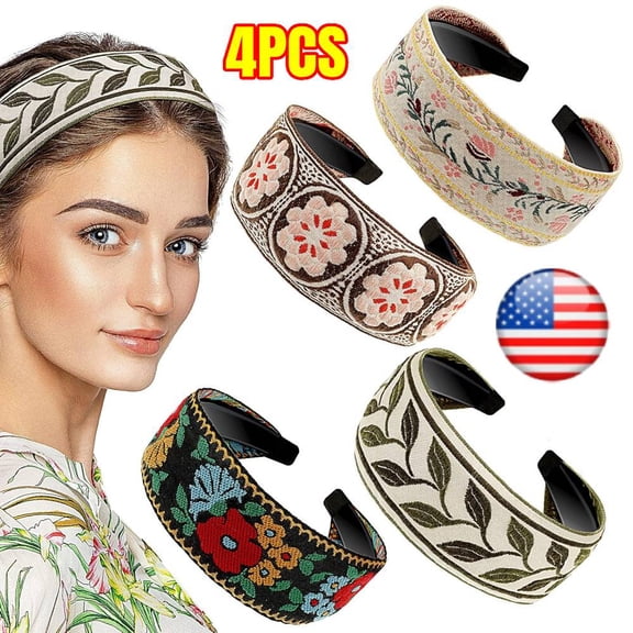 4 Pieces Boho Headband for Women Embroidery Wide Hair Band Bohemia Floral Knotted Wide Headbands Vintage Ethnic Style Girls Accessories
