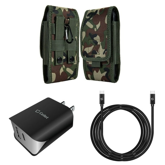 Holster and Wall Charger Bundle for TCL 30 Z: Vertical Rugged Nylon Belt Pouch Case (Green Camo) and UL Certified 18W Dual USB Port (Type-C & USB-A) Power Adapter
