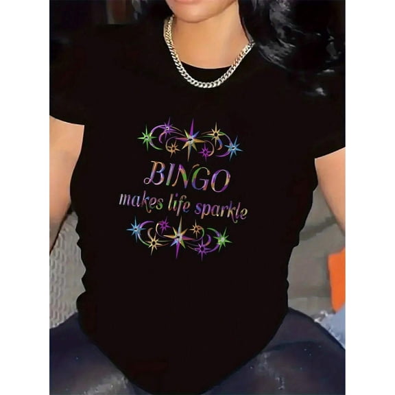 【New Arrival】Bingo Makes Life Sparkle Star Decor Letter Graphic T-Shirt, Cotton Crew Neck Short Sleeve Tee, Bingo Game Lover Casual Wear Hobby Gift