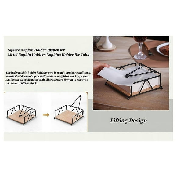 Napkin Holder for Table, Flat Napkin Holder with Weighted Arm, Square Paper Napkin Holders, Elegant Rustic Iron Metal B