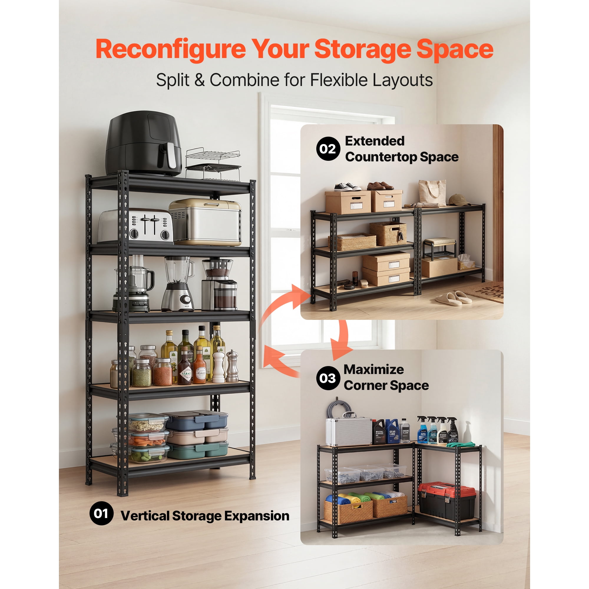 KFFKFF 5-Tier Adjustable Storage Shelves, 2000 lbs Capacity, Heavy-Duty Metal Rack for Garage, Kitchen, Pantry, Basement, or Bathroom, 32.36" W x 16.34" D x 62.76" H