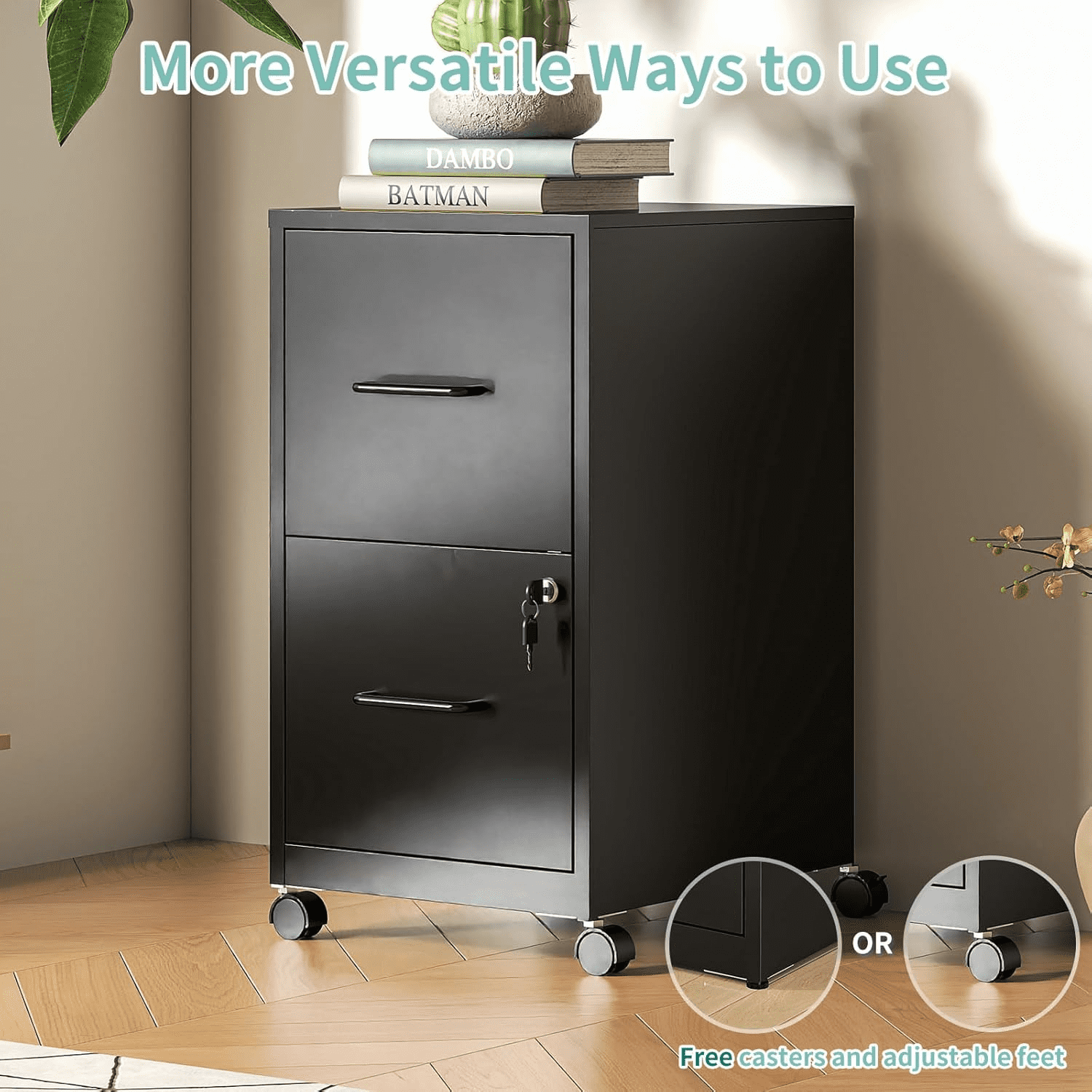IKIMI 2-Drawer Vertical File Cabinets with Lock, Portable Rolling Metal Filing Cabinet for Legal/Letter/A4 Files, Black