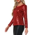 thumbnail image 4 of INSPIRE CHIC Blusa de lentejuelas brillantes para mujer, escote redondo, mangas largas, blusa de fiesta, L, Rojo, 4 of 5