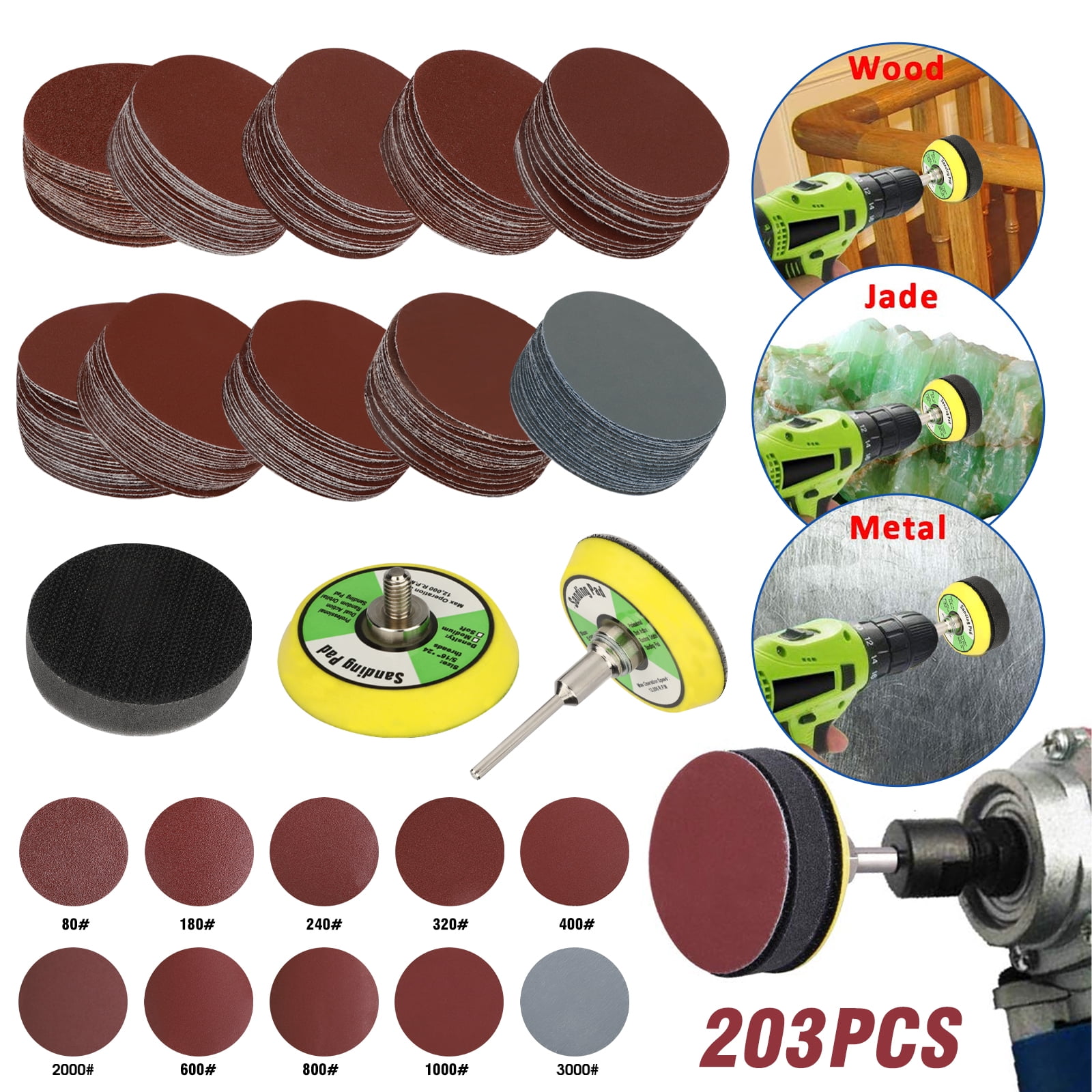 203pcs Sanding Discs Pad Kit, TSV 2inch Hook and Loop Sanding Pad with