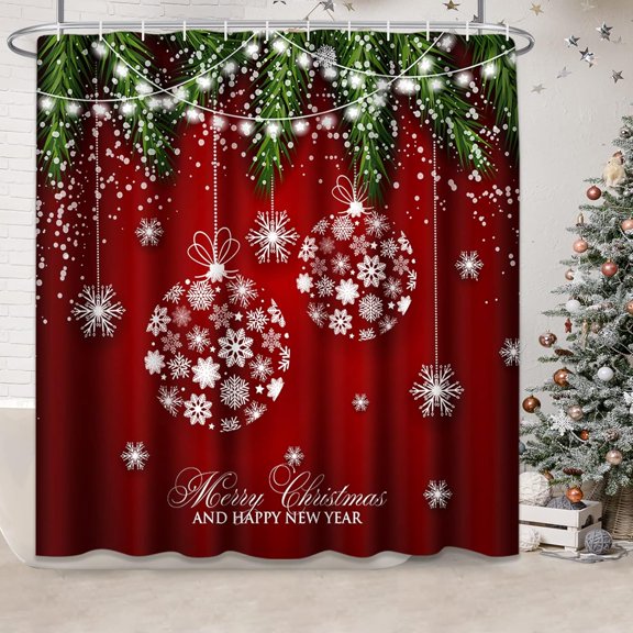 Christmas Balls Shower Curtain, Fir Branches Waterproof Fabric Bathroom Winter Red Shower Curtain Set with 12 Hooks 72"X72"