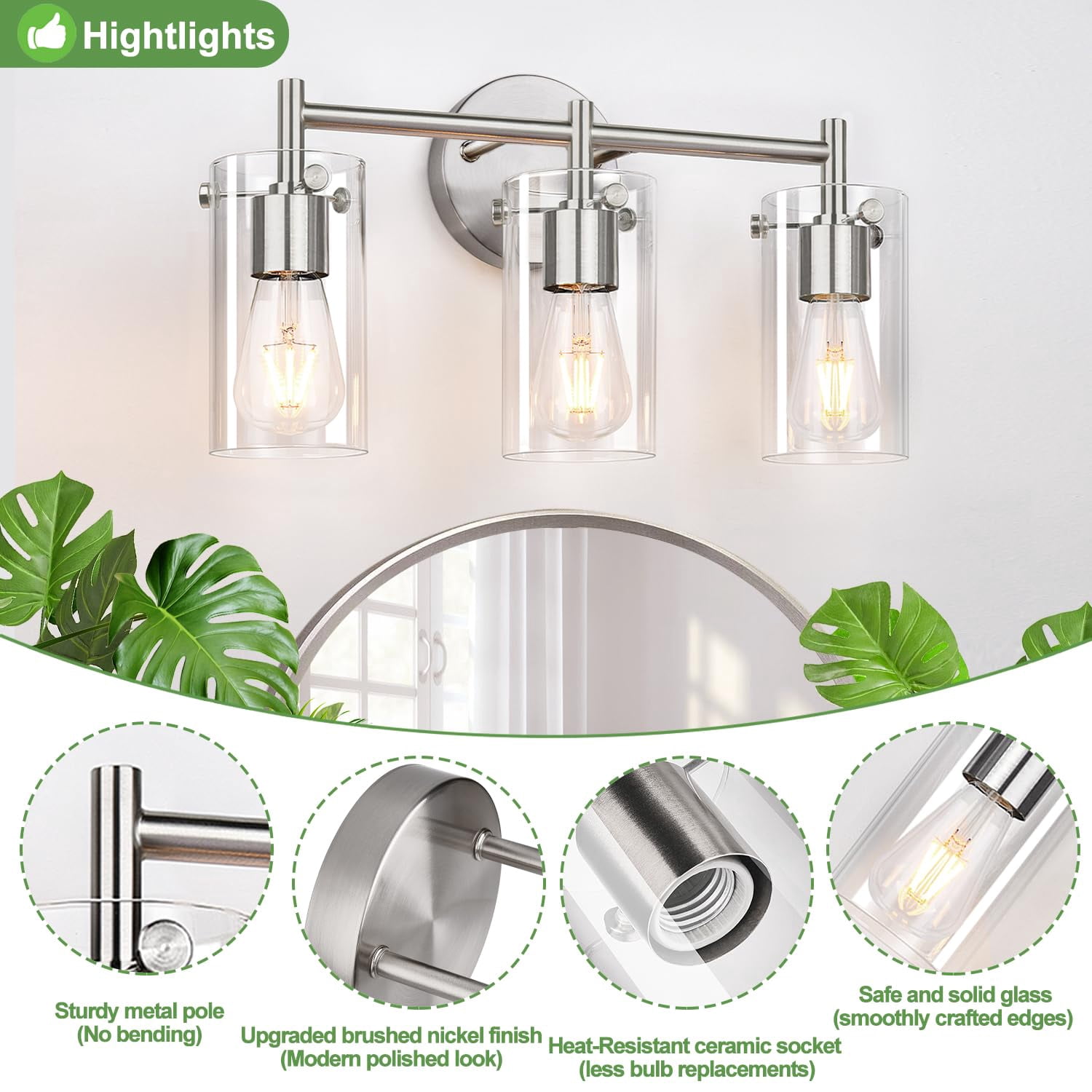 3-light Brushed Nickel Bathroom Vanity Light Fixtures  Clear Glass Shade Wall Sconces For Mirror Bedroom Living Room Hallway