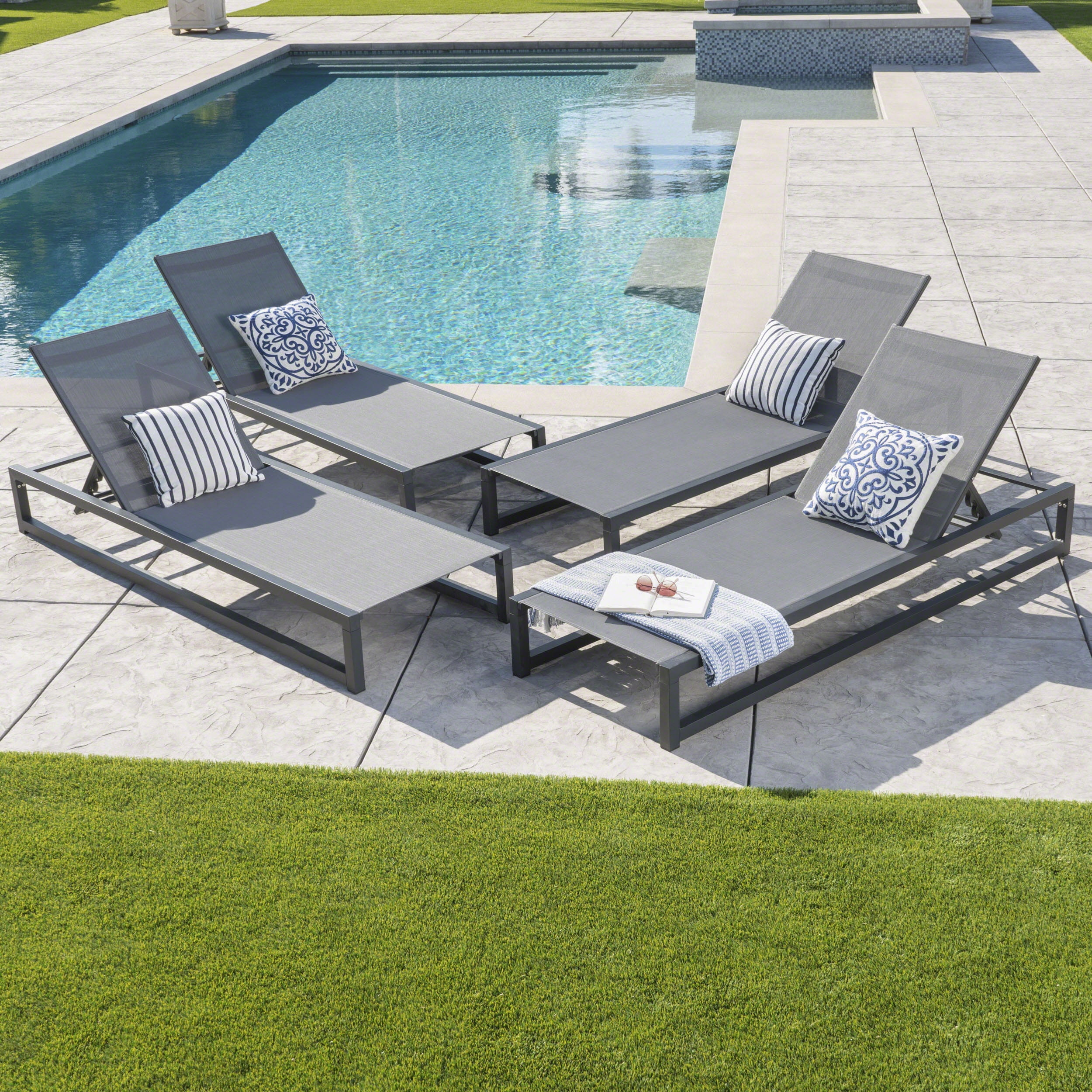 Nelson Outdoor Aluminum Framed Chaise Lounge with Grey Mesh Body, Set