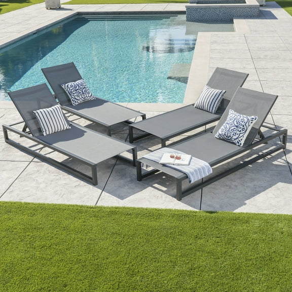 Nelson Outdoor Aluminum Framed Chaise Lounge with Grey Mesh Body, Set of 4, Black Finish