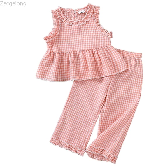 Zecgelong Summer Toddler Girls Sleeveless Plaid Vest T Shirt Tops Ruffles Pants Outfits Girls Holiday Sets Age 6-12 Months
