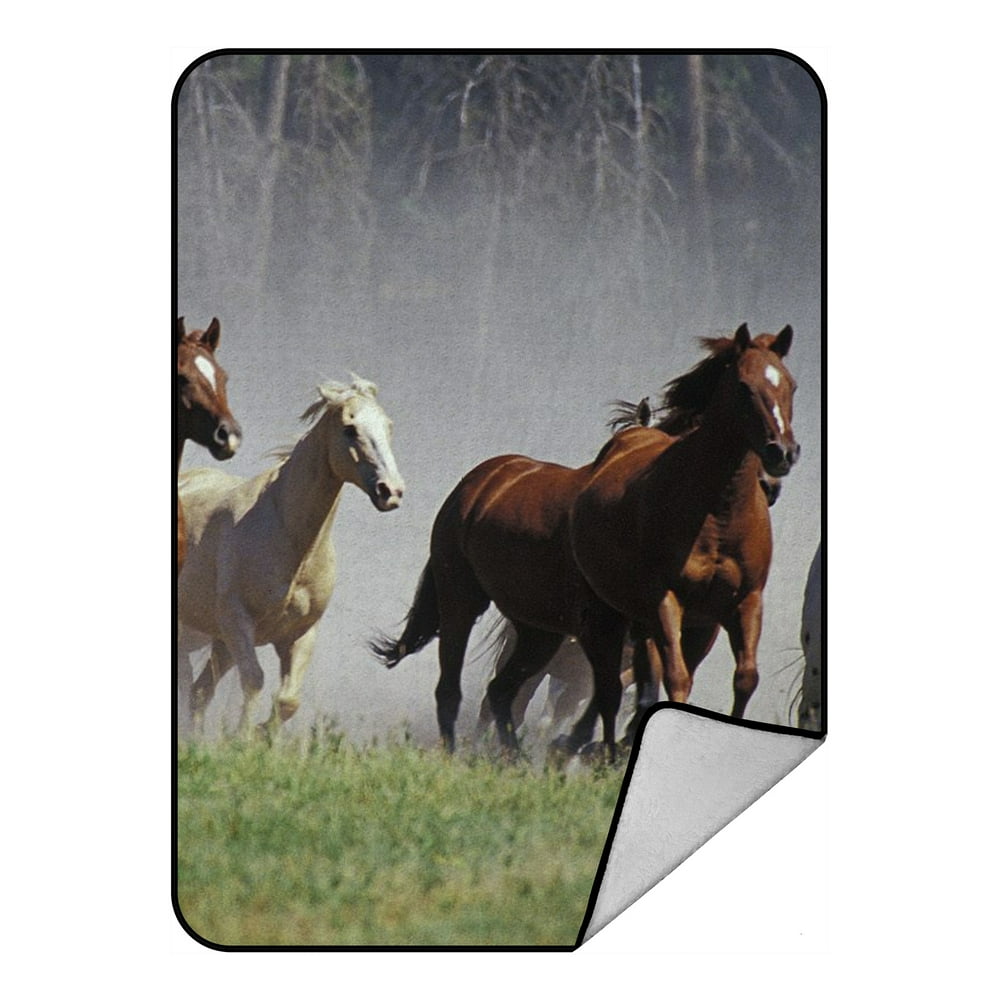 GCKG Wild Running Horses Fleece Blanket Crystal Velvet Front and Lambswool Sherpa Fleece Back