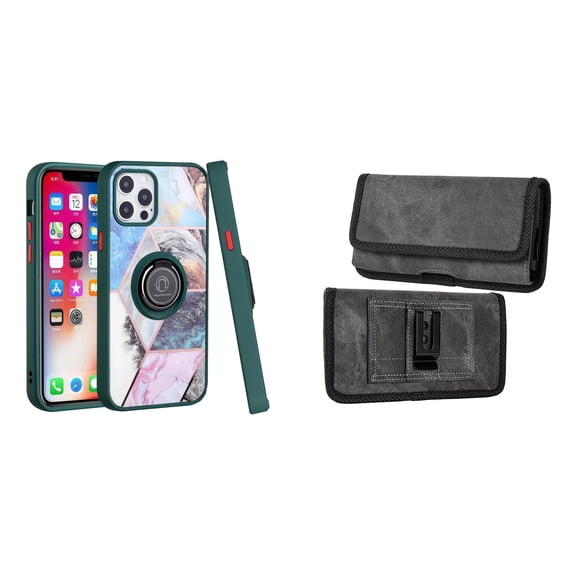 Bemz Ring Series Case for iPhone 14 (TPU Silicone Cover with Magnetic Stand) and Rugged Denim Nylon Belt Holster Pouch (Green on Galaxy Marble/Grey)