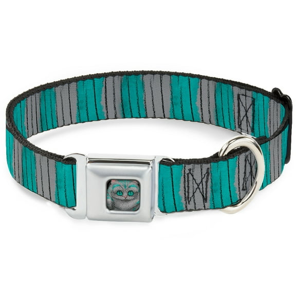 Disney Pet Collar, Dog Collar Metal Seatbelt Buckle, Cheshire Cat Stripes Gray Teal Black, 9.5 to 13 Inches 1.0 Inch Wide