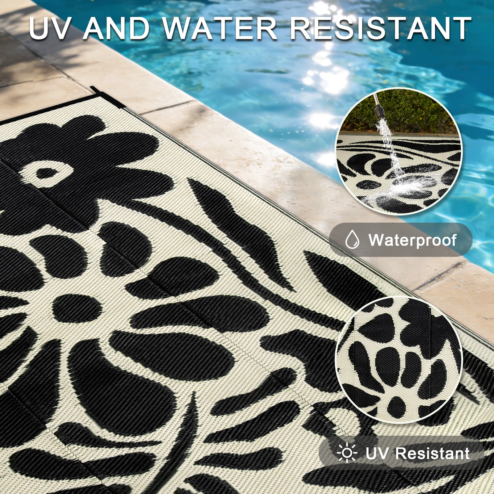 Lahome Waterproof Outdoor Rug 4'x6', Reversible Plastic Straw RV Camping Mat - Portable Abstract Flower Patio Carpet for Deck, Backyard, Balcony, Garden (Black & White)
