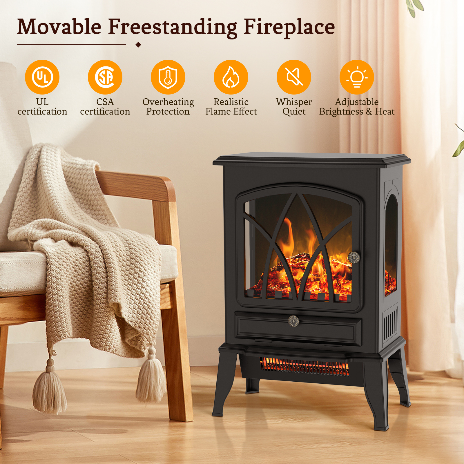 BREEZEHEAT 3D Infrared Electric Fireplace Stove, Adjustable Brightness ...