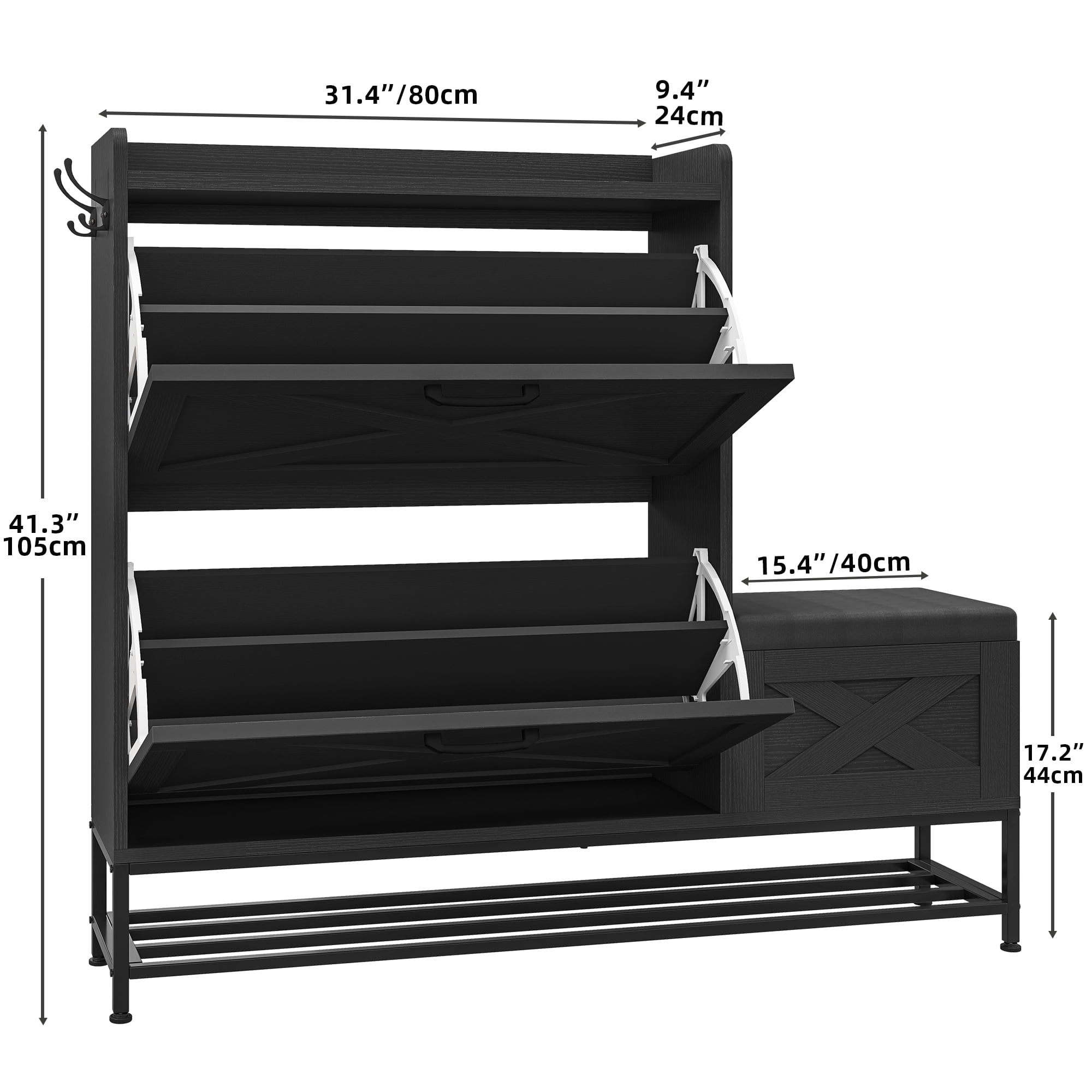 Uforic Shoe Cabinet with with 2 Flip Drawers&Shoe Bench,Farmhouse Narrow Slim Shoe Storage Cabinet for 16 Pairs for Entryway, Foyer, Black