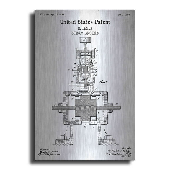 Luxe Metal Art 'Tesla Steam Engine Blueprint Patent White' Acrylic Glass Wall Art, 12"x16"