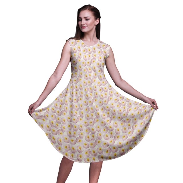 Bimba Robe d'Été Droite Sans Manches pour Femmes, Jaune, à Imprimé Floral de Roses, Longueur Genou - Petit