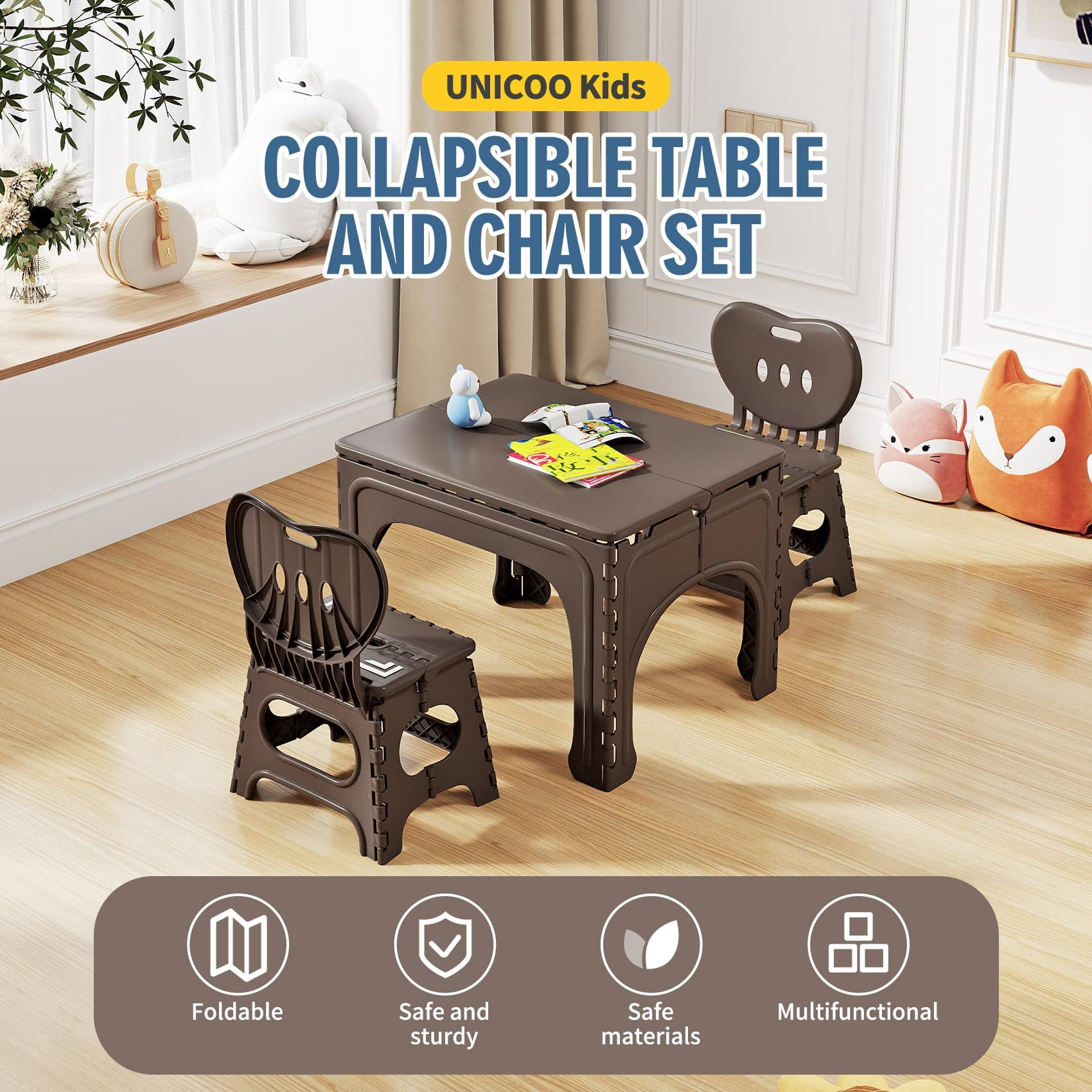 UNICOO® Kids Folding Table and Chairs Set, Compact Design, Kids Table and Chairs Foldable, Picnic Table, Perfect for Playrooms, Classrooms, and Outdoor Activities
