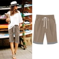 thumbnail image 2 of Women's Plus Size Shorts 100% Cotton Casual Stripe Patchwork Straight Leg Drawstring Plain Summer Gym Shorts with Pockets Khaki S-3XL, 2 of 7