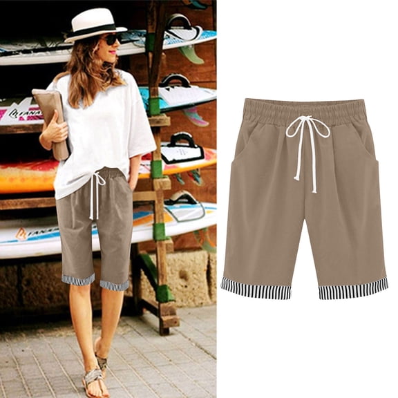 TaTaai Women's Casual 5 Inch Shorts Striped Patchwork Linen Feel Elastic Waist Loose Fit Wide Leg Pants with Pockets for Spring Summer Daily Beach Gift