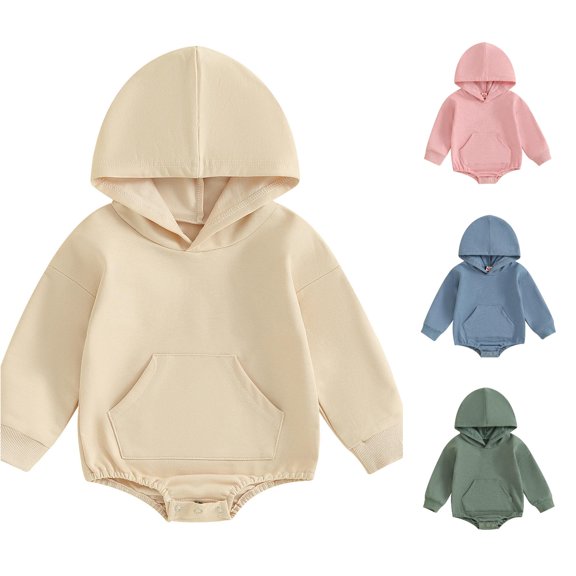 CUZIBR Baby Boys Girls Romper Clothes Sets Solid Hooded Long Sleeve Front Pocket Bodysuit Jumpsuit One Piece Summer Fall Outfit For Toddler Breathable Loose Fit Casual Outfits,Beige,18-24 Months